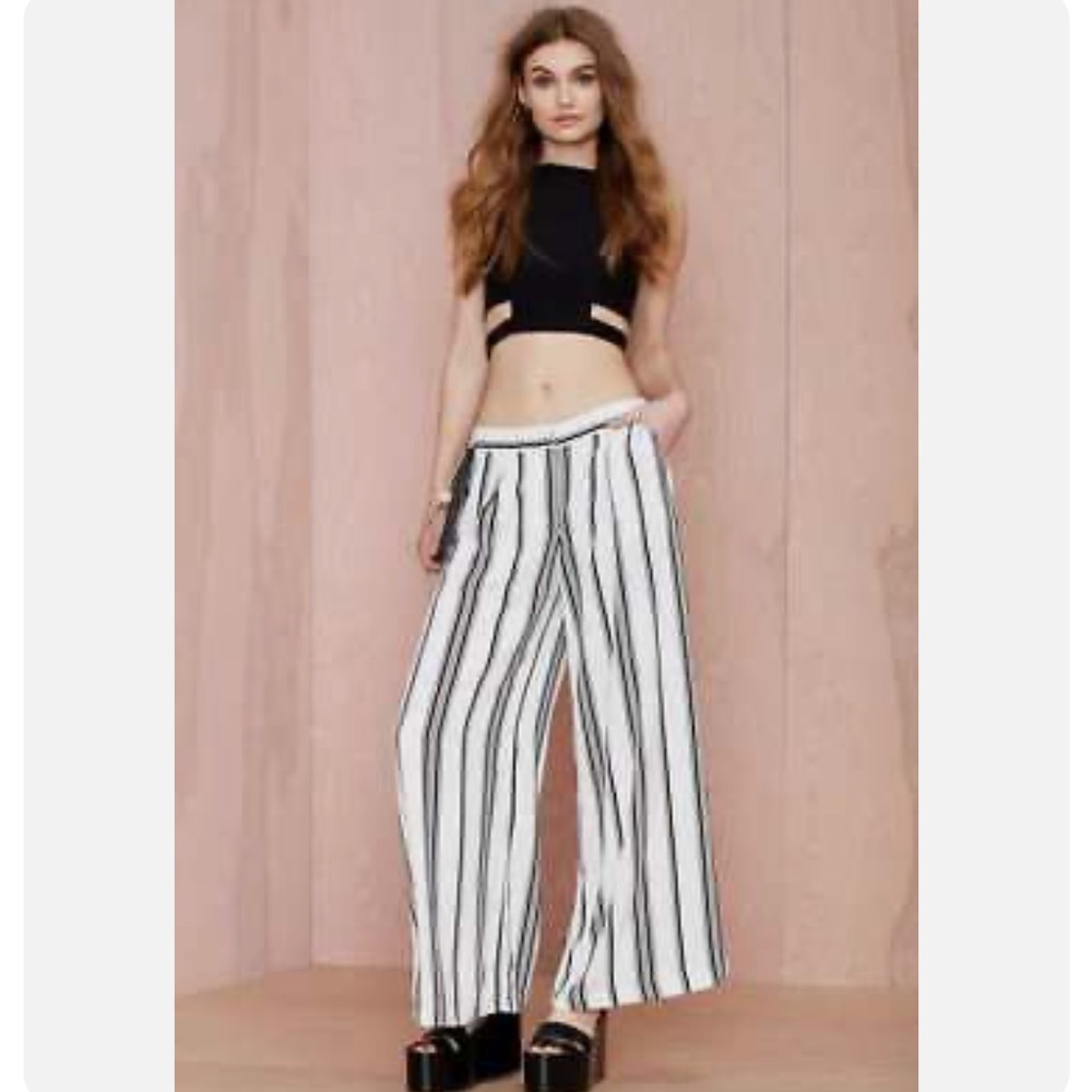 Nasty Gal Cameo Real Talk Wide Leg Trouser Pants - Striped Ivory Black